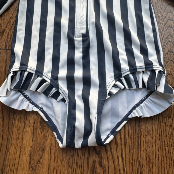 H&M Girls Navy Blue and White Striped One-Piece Long-sleeved Swimsuit 9-12M - Picture 2 of 9